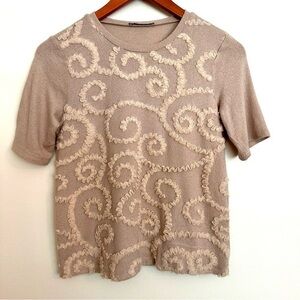 Zara Knit Top with Embroidered Tulle Design Boho Short Sleeve Size Small